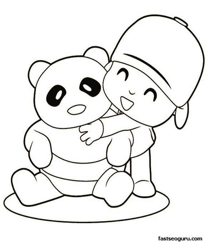 Printable coloring sheet characters Pocoyo and a bear panda